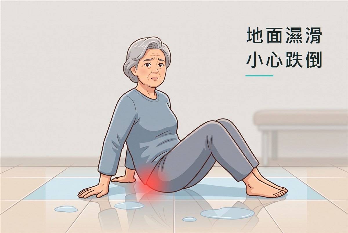 插畫：一位長輩在濕滑的磁磚地上跌坐，屁股著地處泛紅，表情疼痛而錯愕，右上方寫著「地面濕滑　小心跌倒」。