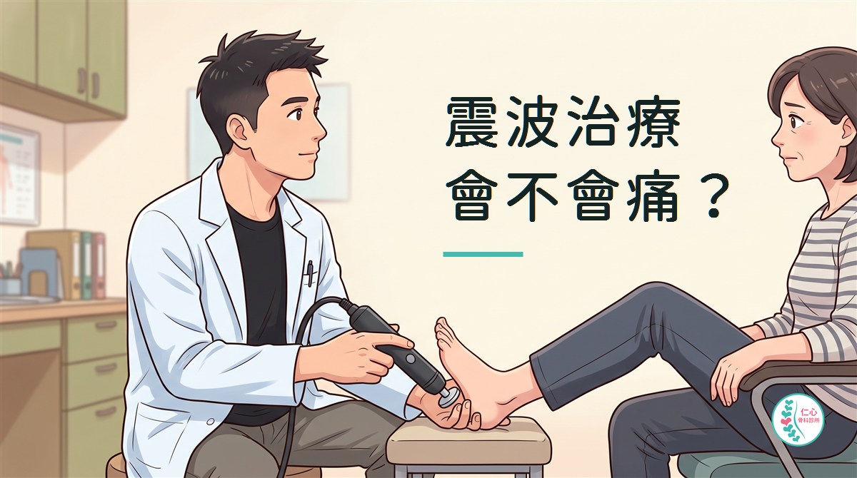 插畫：診間裡醫師坐在矮凳上，手拿震波治療探頭抵著病人的腳跟，眼睛看著病人的臉；病人坐在椅子上，一隻腳放在矮凳上；畫面中上方是標語「震波治療會不會痛？」，右下角是仁心骨科診所標誌。