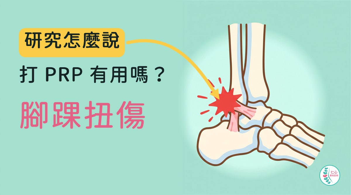 插畫：可愛的卡通腳踝骨頭側面圖，腳踝外側的韌帶有一個紅色痛點；左側大字「研究怎麼說　打 PRP 有用嗎？　腳踝扭傷」，黃色箭頭指向痛點，右下角是仁心骨科診所標誌。