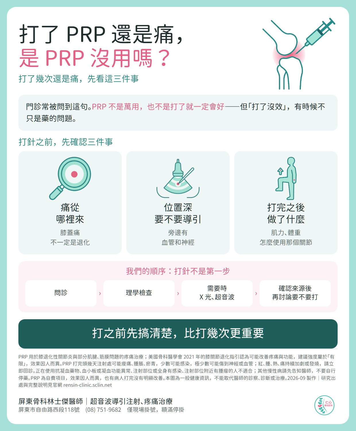 打了 PRP 還是痛？打針之前先確認三件事：痛從哪裡來、位置深不深要不要影像導引、打完之後做了什麼。我們的順序是問診、理學檢查、需要時 X 光或超音波，確認來源後再討論要不要打。