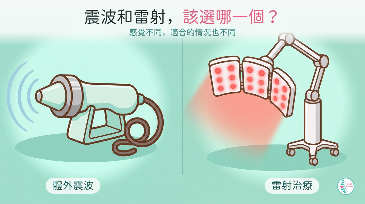 震波和雷射，該選哪一個？左邊是體外震波的探頭與聲波弧線，右邊是雷射治療儀的照射面板