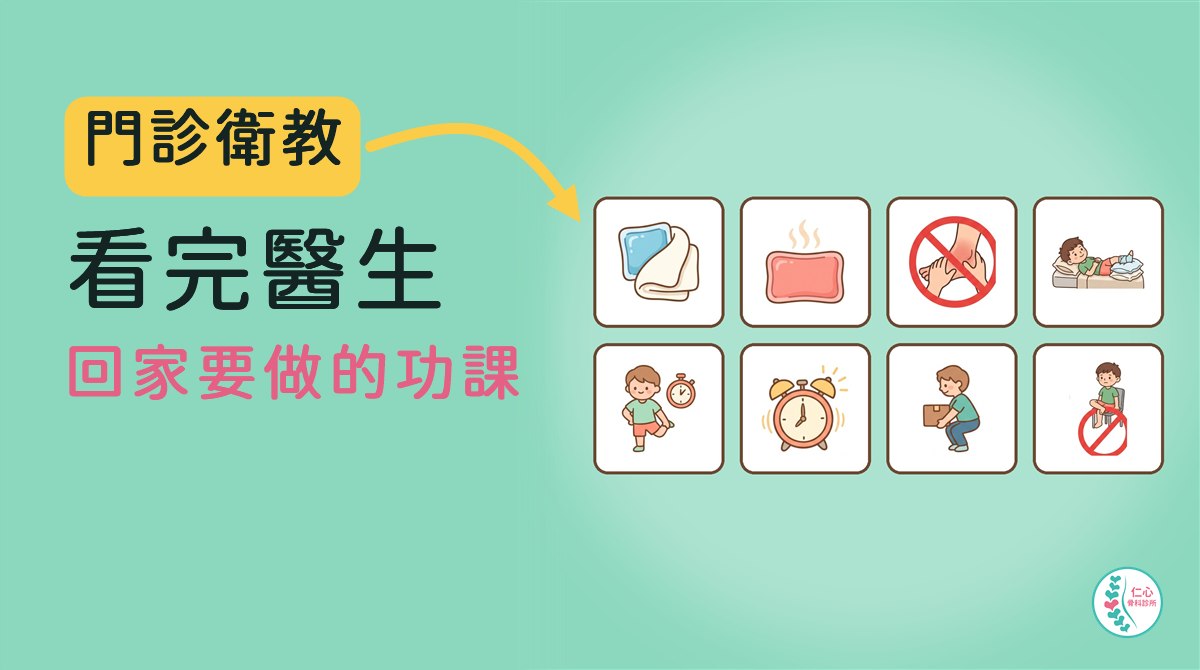 插畫：八張小圖，冰袋包毛巾、熱敷墊、按揉腫脹腳踝加上禁止符號、躺著把腳墊在枕頭上、做伸展動作搭配碼錶、鬧鐘、蹲低搬箱子、坐著翹腳加上禁止符號；左側大字「門診衛教　看完醫生　回家要做的功課」，右下角是仁心骨科診所標誌。