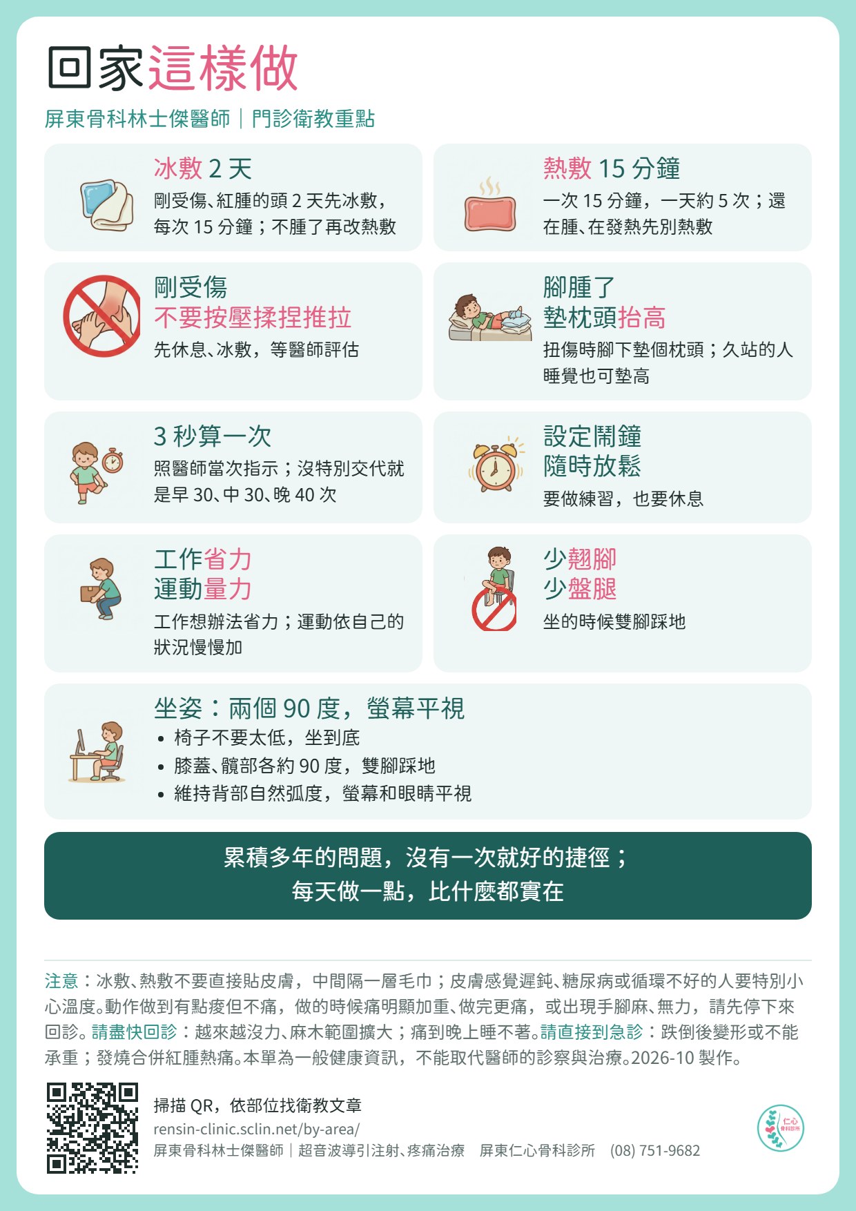 回家這樣做（門診衛教單）：冰敷 2 天，剛受傷紅腫的頭 2 天先冰敷，每次 15 分鐘，不腫了再改熱敷；熱敷一次 15 分鐘，一天約 5 次，還在腫、在發熱先別熱敷；剛受傷不要按壓揉捏推拉，先休息、冰敷，等醫師評估；腳腫了墊枕頭抬高，久站的人睡覺也可墊高；動作 3 秒算一次，沒特別交代就是早 30、中 30、晚 40 次；設定鬧鐘隨時放鬆；工作省力，運動量力；少翹腳、少盤腿；坐姿兩個 90 度，螢幕平視。累積多年的問題，沒有一次就好的捷徑，每天做一點，比什麼都實在。注意：冰敷熱敷隔一層毛巾，感覺遲鈍者小心溫度；痛加重或手腳麻、無力先停下回診；跌倒後變形、不能承重，或發燒合併紅腫熱痛，直接到急診。