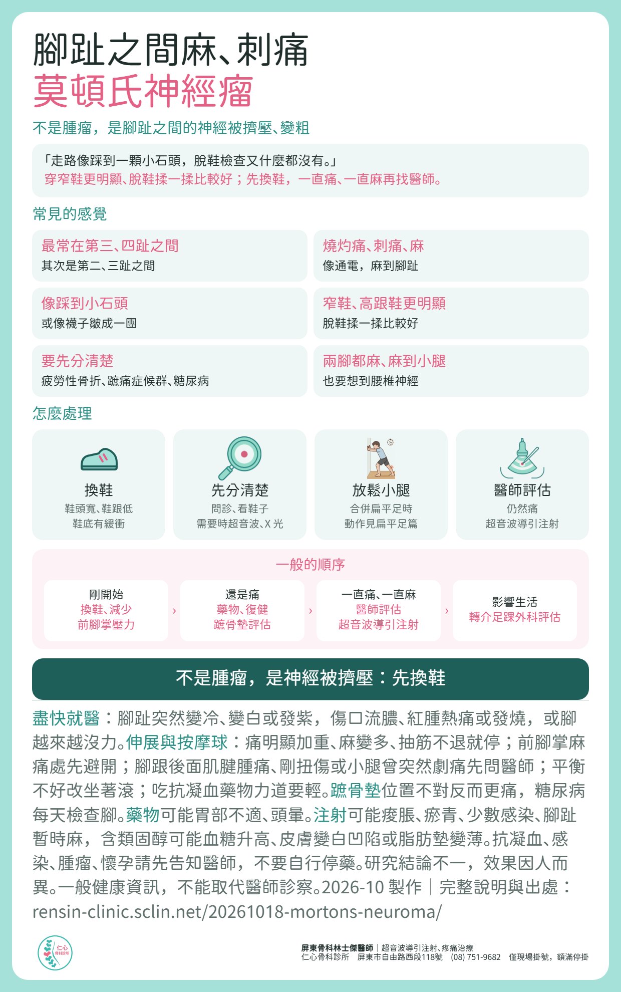 莫頓氏神經瘤整理：不是腫瘤，是腳趾之間的神經被擠壓、變粗。常見的感覺：最常在第三、四趾之間，其次是第二、三趾之間；燒灼痛、刺痛、麻；像踩到小石頭；窄鞋高跟鞋更明顯、脫鞋揉一揉比較好；要先分清楚疲勞性骨折、蹠痛症候群、糖尿病；兩腳都麻、麻到小腿也要想到腰椎神經。怎麼處理：換鞋（鞋頭寬、鞋跟低、鞋底有緩衝）、先分清楚、合併扁平足時放鬆小腿、仍然痛由醫師評估超音波導引注射。一般順序：換鞋減少前腳掌壓力，還是痛用藥物復健蹠骨墊評估，一直痛一直麻由醫師評估注射，影響生活轉介足踝外科評估。