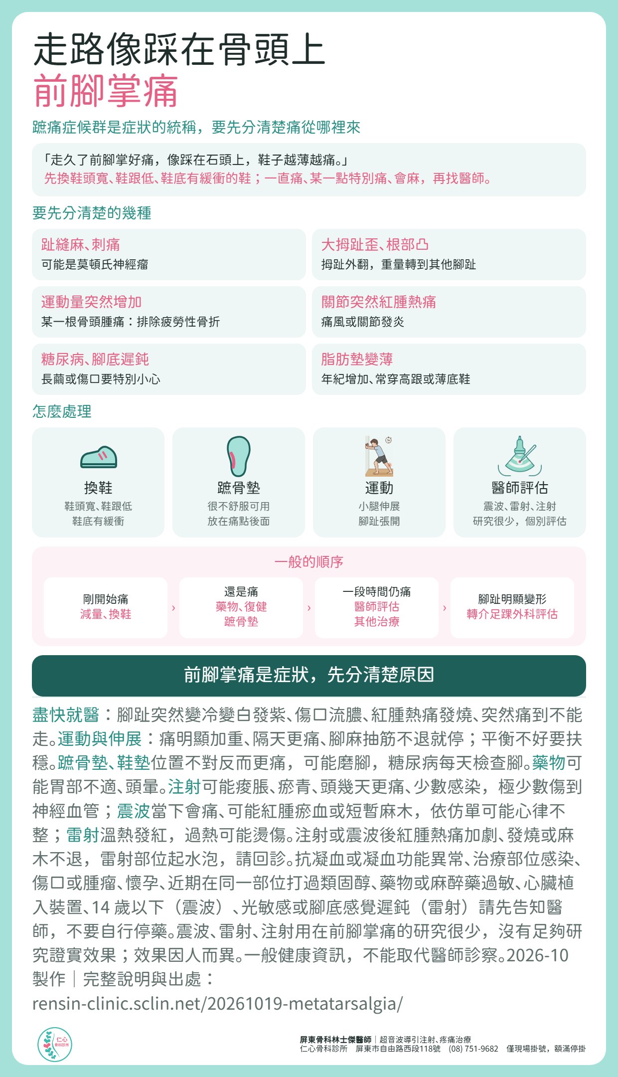 前腳掌痛整理：蹠痛症候群是症狀的統稱，要先分清楚痛從哪裡來。要先分清楚的幾種：趾縫麻刺痛可能是莫頓氏神經瘤、大拇趾歪根部凸的拇趾外翻、運動量突然增加要排除疲勞性骨折、關節突然紅腫熱痛的痛風或關節發炎、糖尿病腳底遲鈍要小心、脂肪墊變薄。怎麼處理：換鞋（鞋頭寬、鞋跟低、鞋底有緩衝）、很不舒服可用蹠骨墊、小腿伸展與腳趾張開、醫師評估其他治療。一般順序：剛開始減量換鞋，還是痛用藥物復健蹠骨墊，一段時間仍痛由醫師評估，腳趾明顯變形轉介足踝外科評估。