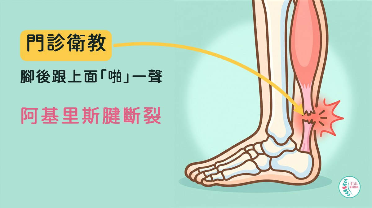插畫：卡通小腿與腳的骨頭從側面看，腳尖朝左，小腿後面的肌肉往下接成阿基里斯腱，腳跟上方的肌腱斷成兩截、發紅，旁邊有爆裂的標記；左側大字「門診衛教　腳後跟上面「啪」一聲　阿基里斯腱斷裂」，黃色箭頭指向斷裂處，右下角是仁心骨科診所標誌。