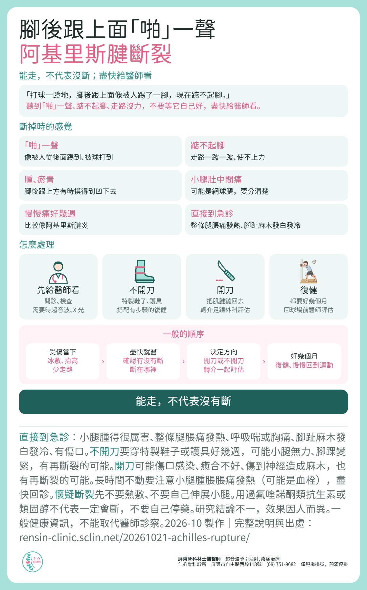 阿基里斯腱斷裂整理：腳後跟上面「啪」一聲、像被踢到、踮不起腳，能走不代表沒斷，盡快給醫師看。要分清楚網球腿、阿基里斯腱炎；整條腿脹痛發熱、腳趾麻木發白發冷直接到急診。處理有不開刀（特製鞋子護具＋復健）與開刀（轉介足踝外科評估）兩種方向，都要好幾個月復健。