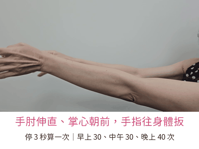 示範影片：手肘伸直、掌心朝前，另一手把手指往身體方向扳，停 3 秒，早上 30、中午 30、晚上 40 次。