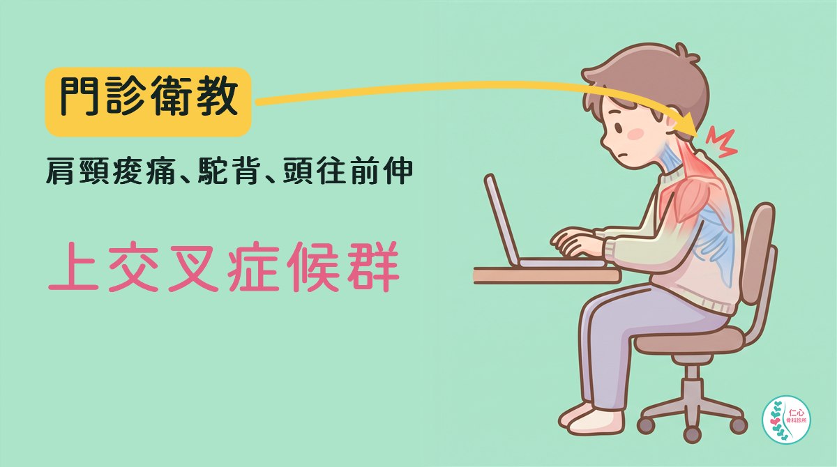 插畫：一個人側坐在辦公椅上對著筆電打字，頭往前伸、肩膀往前縮；脖子後面到肩膀上方、胸前的肌肉畫成紅色表示偏緊，脖子前面深層和肩胛骨下方的肌肉畫成藍色表示偏弱，脖子後下方有紅色疼痛標記；左側大字「門診衛教　肩頸痠痛、駝背、頭往前伸　上交叉症候群」，黃色箭頭指向脖子後方，右下角是仁心骨科診所標誌。