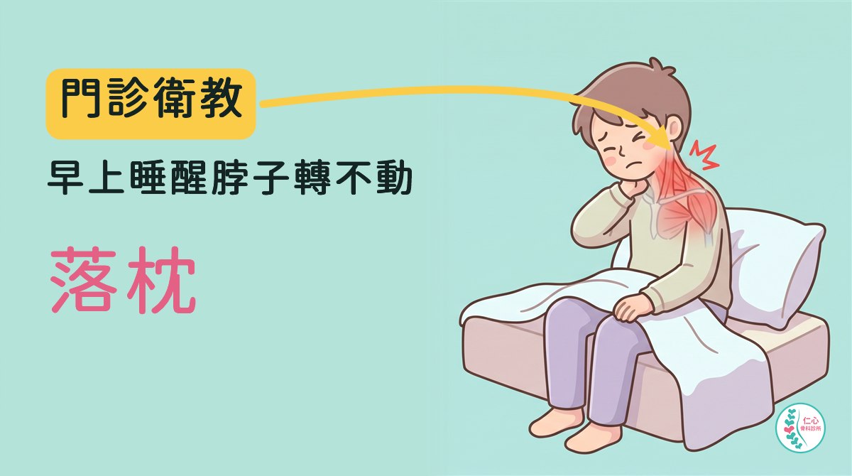 插畫：一個人早上剛睡醒坐在床邊，一手扶著脖子、頭歪一邊、表情痛苦；脖子側後方到肩膀上方的肌肉畫成紅色，脖子後方有紅色疼痛標記；左側大字「門診衛教　早上睡醒脖子轉不動　落枕」，黃色箭頭指向脖子，右下角是仁心骨科診所標誌。