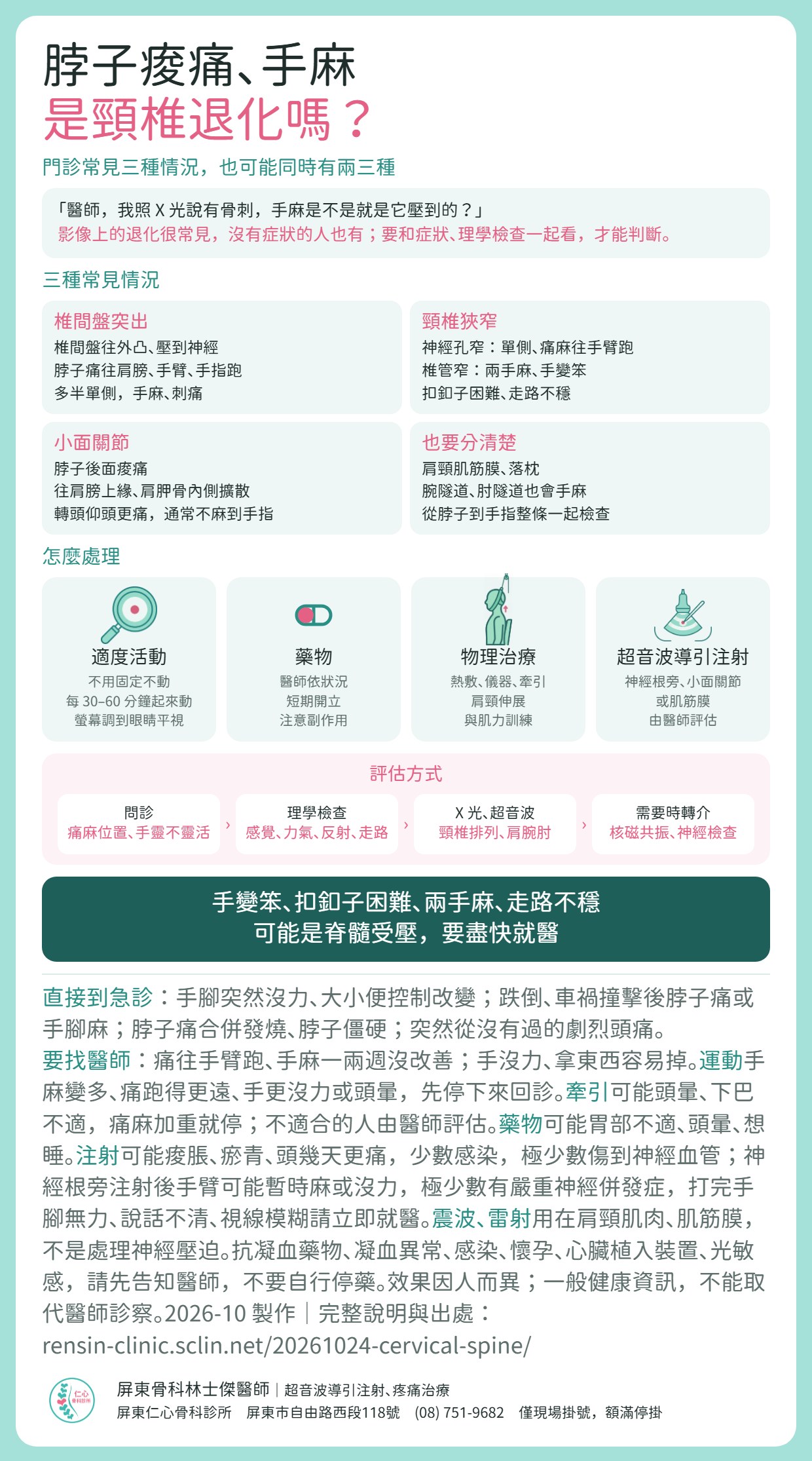 頸椎退化重點摘要：脖子痠痛、手麻常被說是頸椎退化，影像上的退化很常見，沒有症狀的人也有，要和症狀、理學檢查一起看。門診常見三種情況，也可能同時有：椎間盤突出，脖子痛往肩膀、手臂、手指跑，多半單側；頸椎狹窄，神經孔窄是單側痛麻往手臂跑，椎管窄可能兩手麻、手變笨、走路不穩；小面關節，脖子後面痠痛往肩膀上緣、肩胛骨內側擴散，轉頭仰頭更痛，通常不麻到手指。也要分清楚肩頸肌筋膜、落枕、腕隧道、肘隧道。處理：適度活動、藥物、物理治療、超音波導引注射（神經根旁、小面關節或肌筋膜，由醫師評估）。門診先問診、理學檢查，需要時 X 光、超音波，再轉介核磁共振或神經檢查。手變笨、扣釦子困難、兩手麻、走路不穩，可能是脊髓受壓，要盡快就醫；手腳突然沒力、大小便控制改變、撞擊後脖子痛手麻、發燒合併脖子僵硬、突然劇烈頭痛，請直接到急診。注射可能痠脹、瘀青、少數感染，神經根旁注射後手臂可能暫時麻或沒力，極少數有嚴重神經併發症。震波、雷射用在肩頸肌肉、肌筋膜，不是處理神經壓迫。效果因人而異；一般健康資訊，不能取代醫師診察。