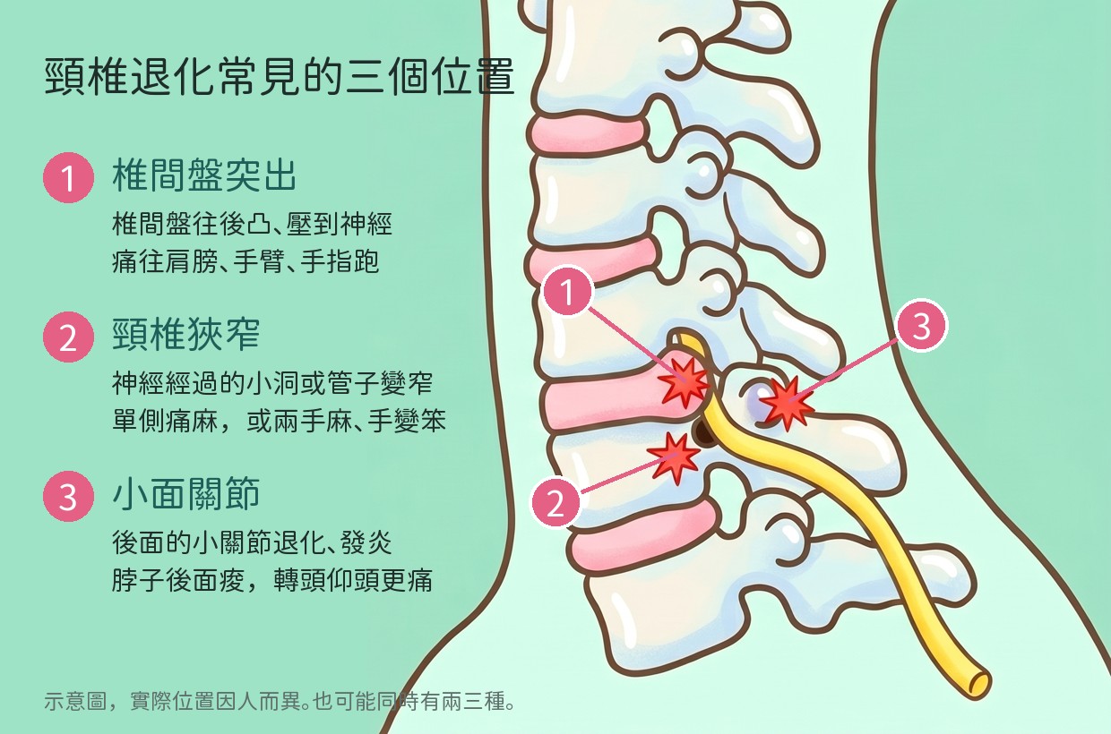 頸椎側面示意圖，標出三個常見問題位置：①椎間盤往後突出壓到神經、②神經經過的小洞或管子變窄（頸椎狹窄）、③後方小面關節退化發炎。實際位置因人而異，也可能同時有兩三種。