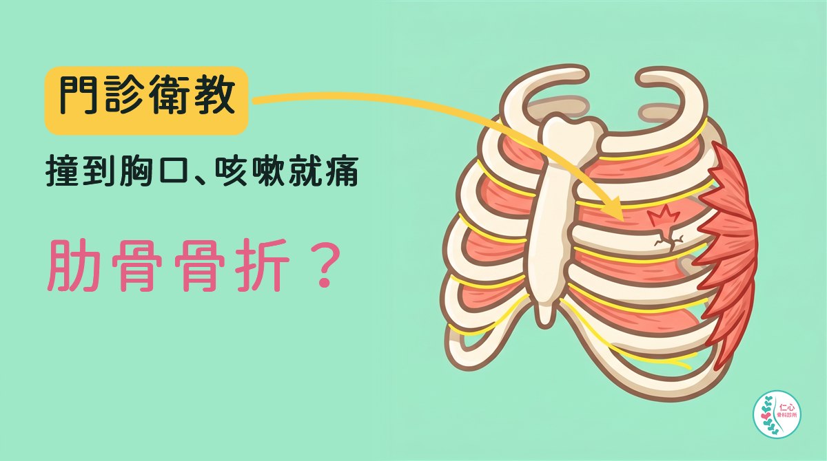 卡通插圖：胸廓與肋骨，一側胸廓中段的一根肋骨出現一道小裂縫，旁邊紅色星號標示痛點