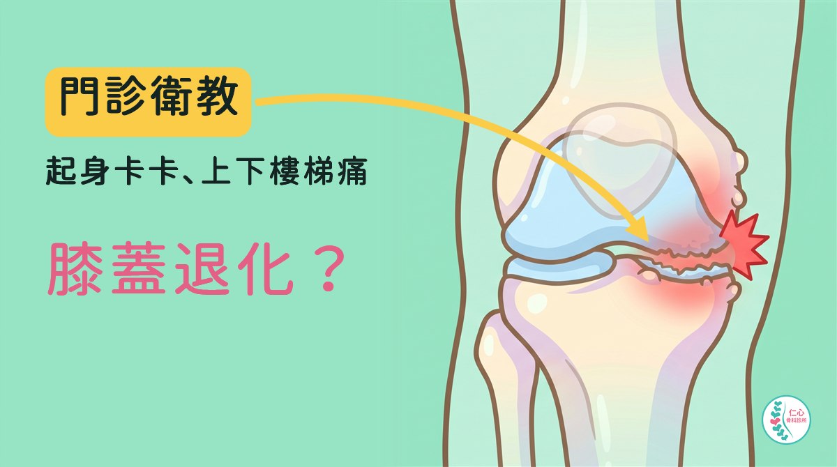插畫：從正面看的卡通膝關節，大腿骨與小腿骨淡淡當背景，關節面上淡藍色的軟骨一側完整、另一側變薄有缺口，關節縫隙變窄、邊緣長出小骨刺，有紅色疼痛標記；左側大字「門診衛教　起身卡卡、上下樓梯痛　膝蓋退化？」，黃色箭頭指向痛點，右下角是仁心骨科診所標誌。
