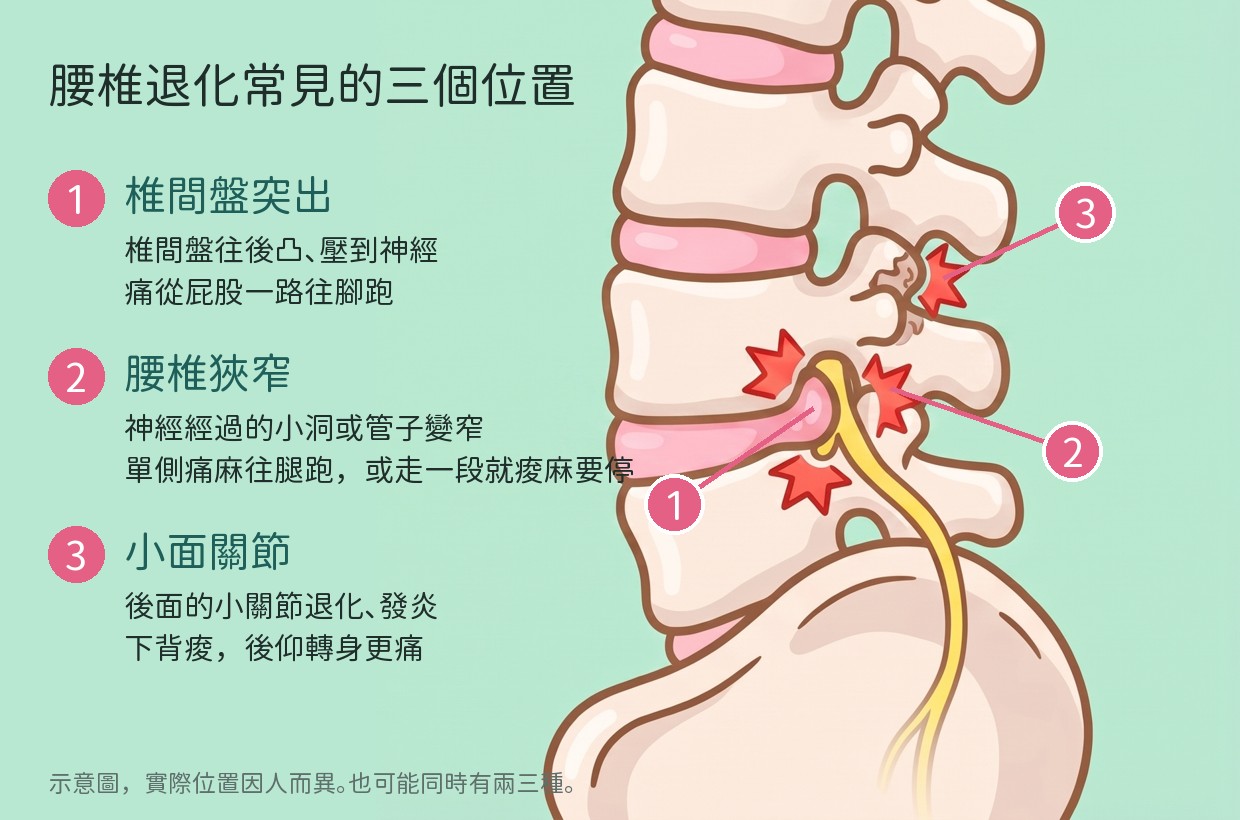 腰椎側面示意圖，標出三個常見問題位置：①椎間盤往後突出壓到神經、②神經經過的小洞或管子變窄（腰椎狹窄）、③後方小面關節退化發炎。實際位置因人而異，也可能同時有兩三種。