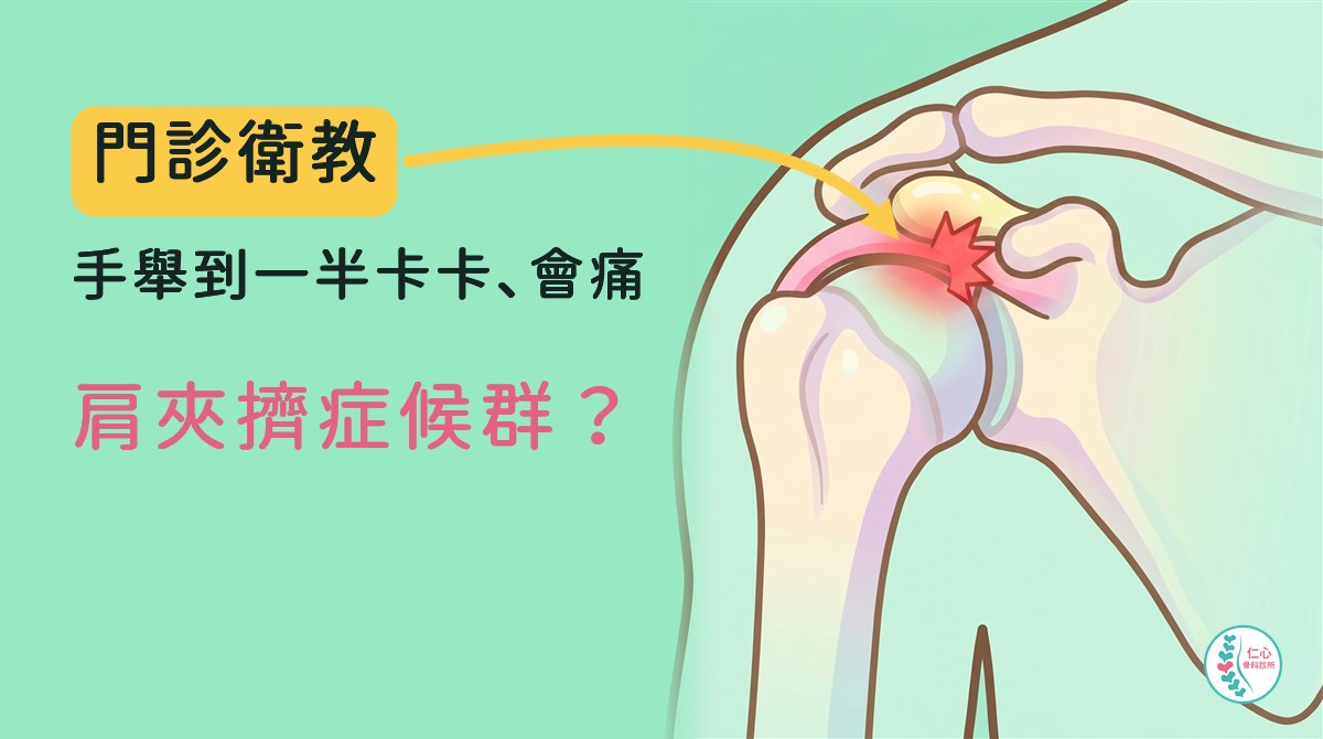 插畫：從正面看的卡通右肩，淡淡的骨頭當背景，肩峰屋簷正下方的縫隙裡有一條粉紅色旋轉肌腱和淡黃色滑囊，被夾住的地方有紅色疼痛標記；左側大字「門診衛教　手舉到一半卡卡、會痛　肩夾擠症候群？」，黃色箭頭指向痛點，右下角是仁心骨科診所標誌。