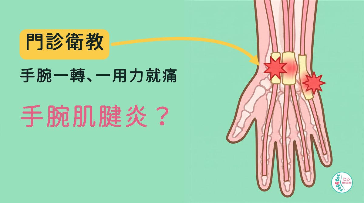 插畫：從手背看的卡通手腕與手掌，一條條粉紅色肌腱經過手腕，外面套著淡黃色腱鞘；手背中間和小指那一側的腱鞘各有紅色疼痛標記；左側大字「門診衛教　手腕一轉、一用力就痛　手腕肌腱炎？」，黃色箭頭指向痛點，右下角是仁心骨科診所標誌。