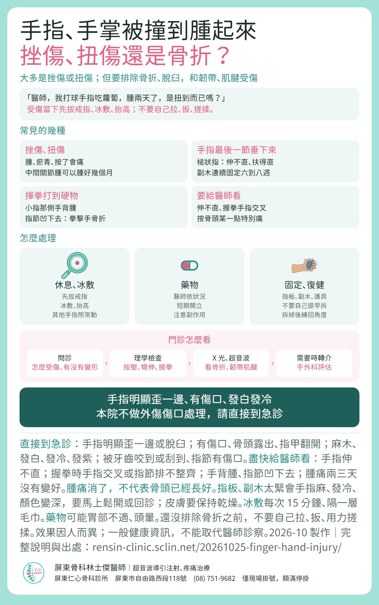 手指、手掌挫傷重點摘要：手指、手掌被撞到腫起來，大多是挫傷或扭傷，但要排除骨折、脫臼和韌帶、肌腱受傷。常見的幾種：挫傷扭傷，中間關節腫可以腫好幾個月；手指最後一節垂下來是槌狀指，副木連續固定六到八週；揮拳打到硬物、小指那側手背腫、指節凹下去，可能是拳擊手骨折；伸不直、握拳手指交叉、按骨頭某一點特別痛要給醫師看。處理：先拔戒指、冰敷、抬高；醫師依狀況短期開藥；以指板、副木、護具固定，不要自己提早拆，拆掉後練回角度。門診先問診、理學檢查，以 X 光、超音波看骨折與韌帶肌腱，需要時轉介手外科。手指明顯歪一邊、有傷口、發白發冷，本院不做外傷傷口處理，請直接到急診。一般健康資訊，不能取代醫師診察。
