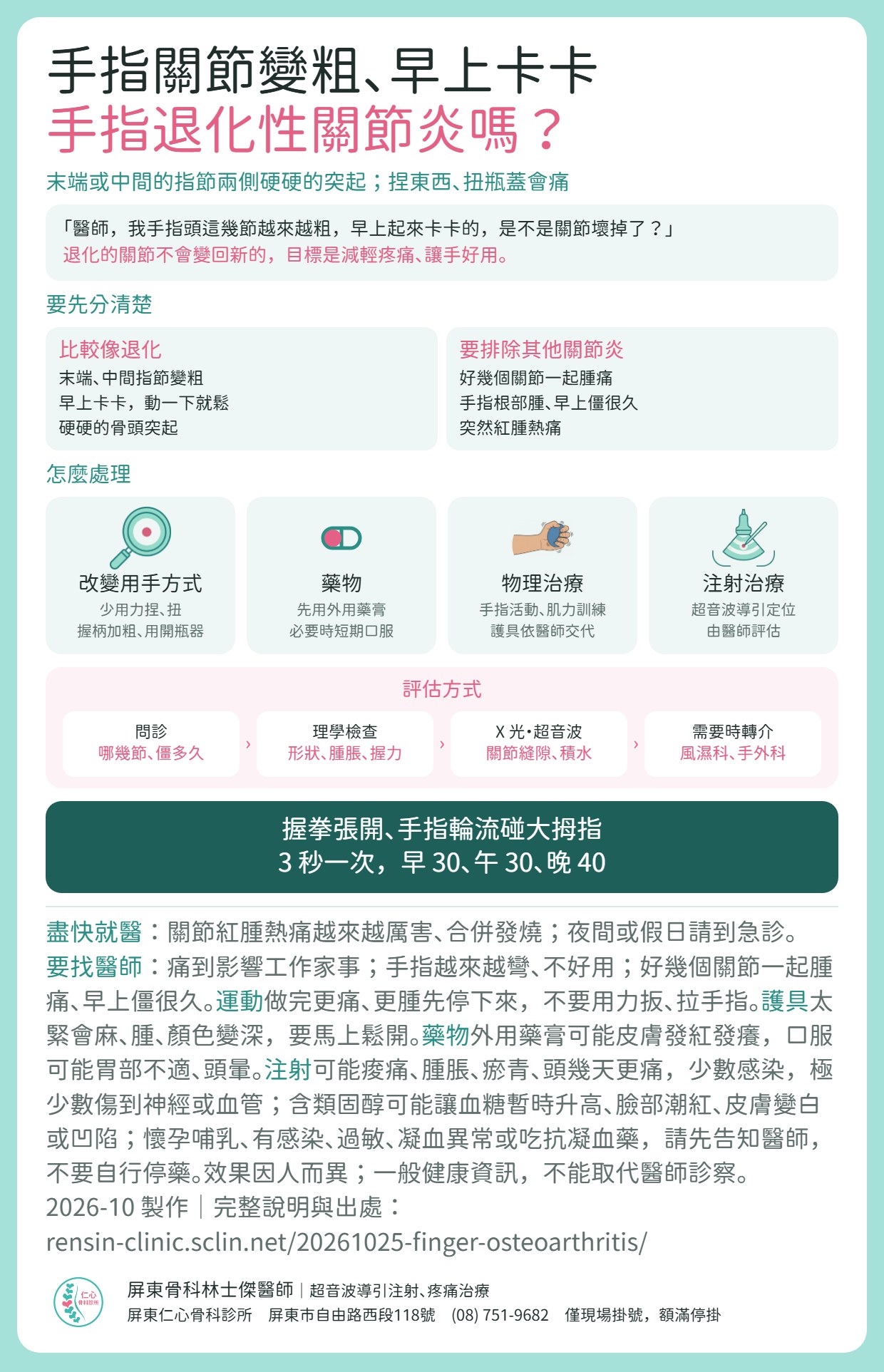 手指退化性關節炎重點摘要：末端或中間的指節兩側硬硬的突起，早上卡卡、捏東西扭瓶蓋會痛。要先分清楚：好幾個關節一起腫痛、手指根部腫、早上僵很久或突然紅腫熱痛，要排除其他關節炎。處理：改變用手方式、藥物（先用外用藥膏）、物理治療（手指活動、肌力訓練，護具依醫師交代）、注射治療（超音波導引定位，由醫師評估）。門診流程：問診、理學檢查、X 光與超音波、需要時轉介風濕科或手外科。運動：握拳張開、手指輪流碰大拇指，3 秒一次，早 30、午 30、晚 40。附就醫時機與運動、護具、藥物、注射的注意事項；注射可能感染、極少數傷到神經或血管，含類固醇可能讓血糖暫時升高；懷孕哺乳、感染、過敏、凝血異常或吃抗凝血藥請先告知醫師。