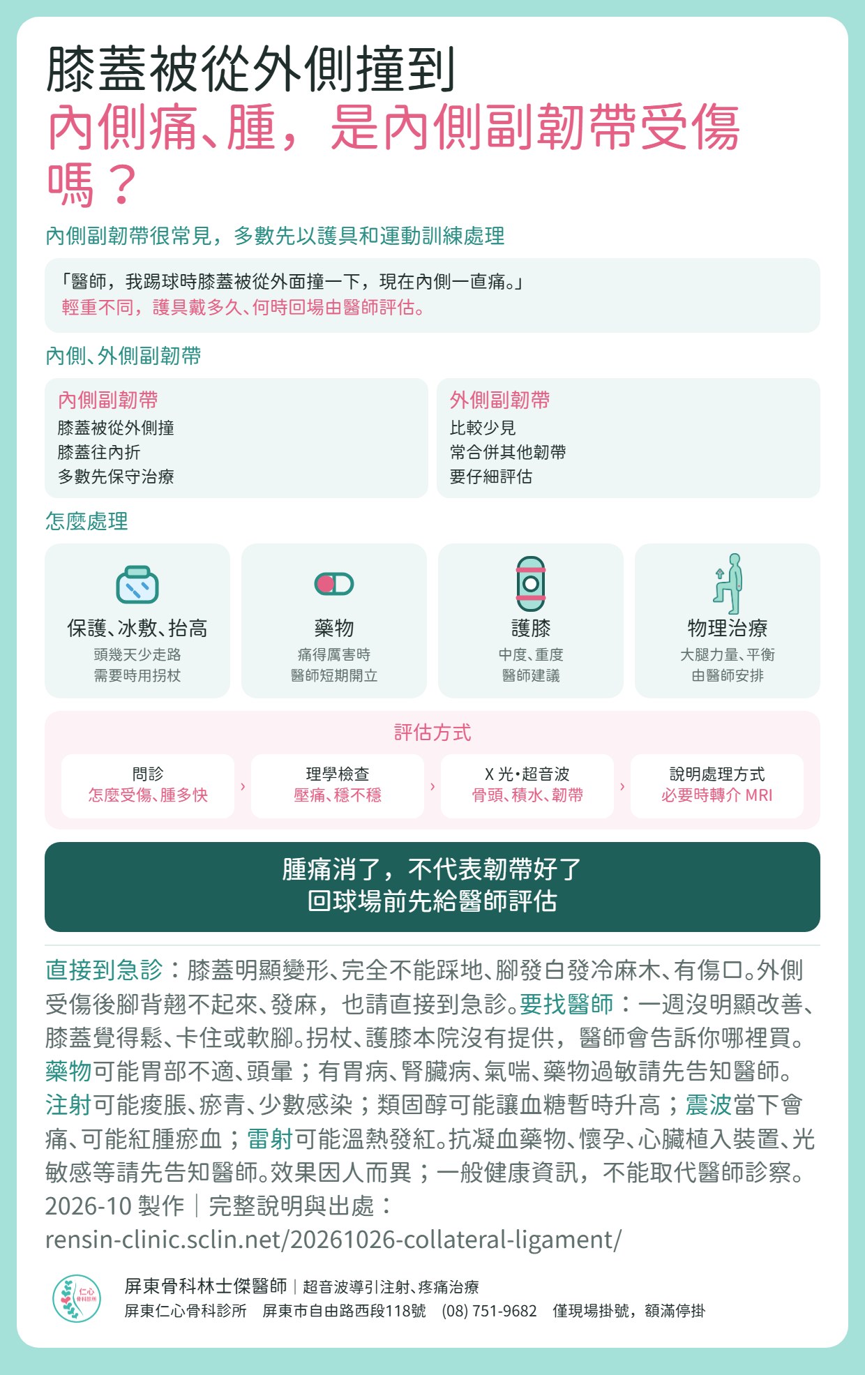 副韌帶重點：膝蓋被從外側撞、內側痛，常是內側副韌帶；多數先以護具和運動訓練處理；外側受傷常合併其他韌帶。