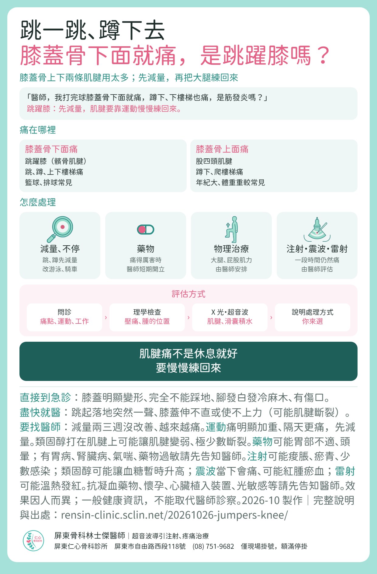 跳躍膝重點：膝蓋骨下面痛是跳躍膝、上面痛是股四頭肌腱；先減量，再把大腿練回來；落地一聲、膝蓋伸不直要盡快就醫。