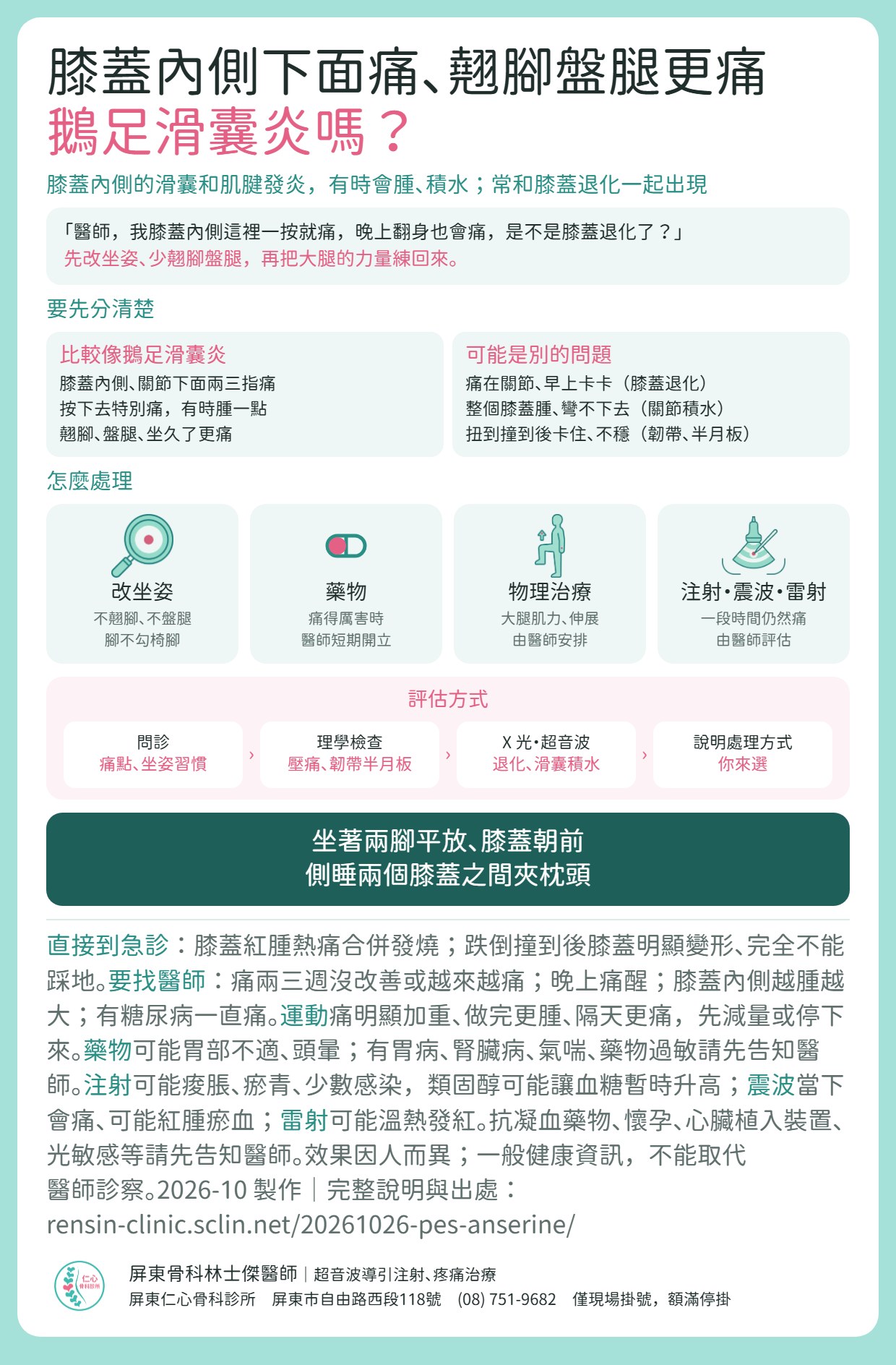 鵝足滑囊炎重點摘要：膝蓋內側下面痛、翹腳盤腿坐久了更痛；和膝蓋退化、關節積水、韌帶半月板受傷怎麼分；改坐姿、藥物、物理治療、注射・震波・雷射；評估方式；什麼情況直接到急診。