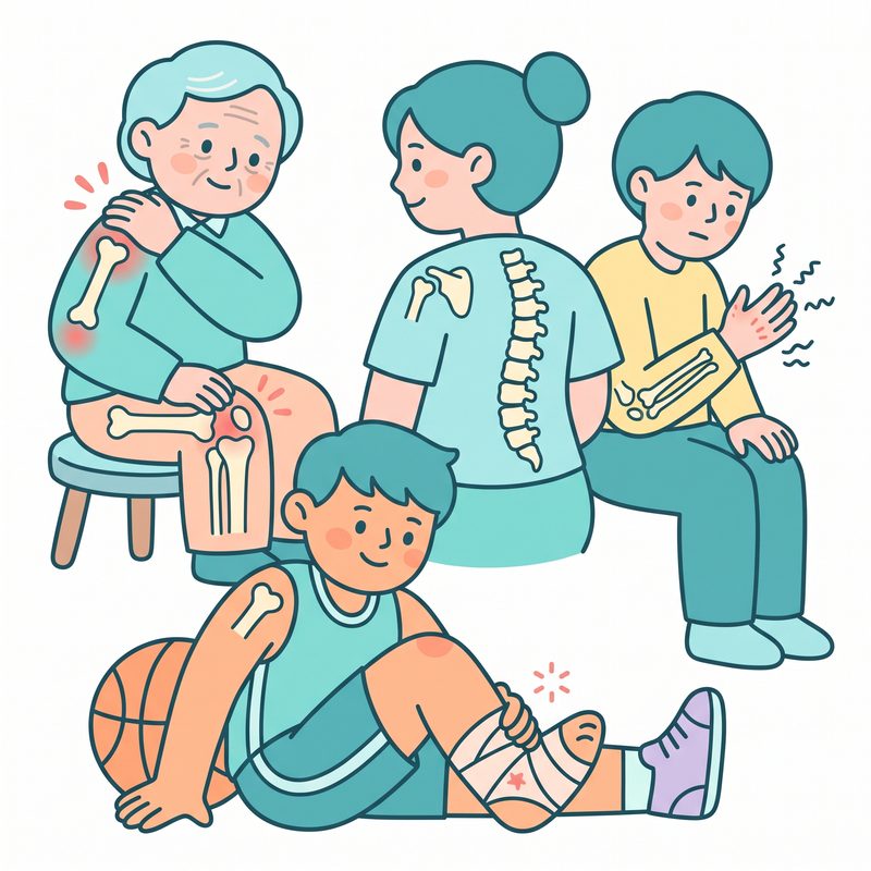 卡通插圖:肩膀與膝蓋痠痛、脊椎與手麻、運動扭傷三種常見問題