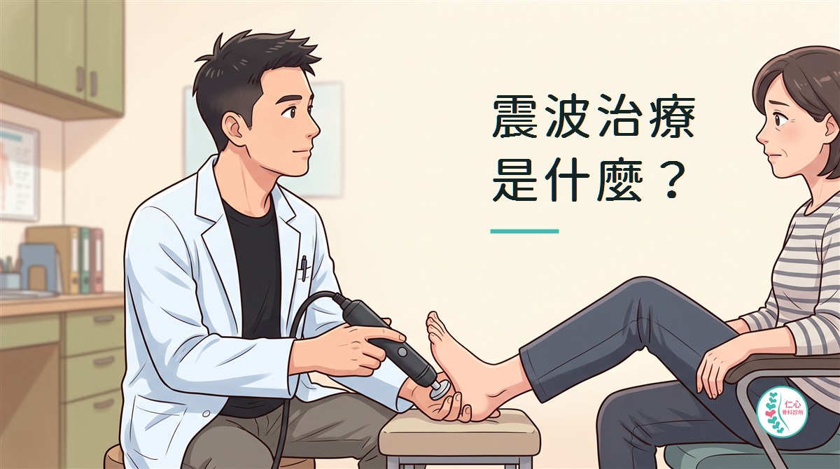 插畫：診間裡醫師手拿震波治療探頭抵著病人的腳跟；畫面中上方是標語「震波治療會不會痛？」，右下角是仁心骨科診所標誌。